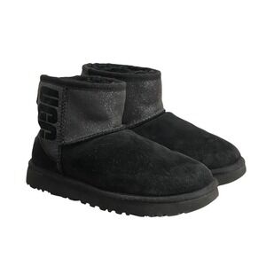 UGG Classic Mini UGG Sparkle Graphic Black Suede‎ Sheepskin Boots Women's Size 6
